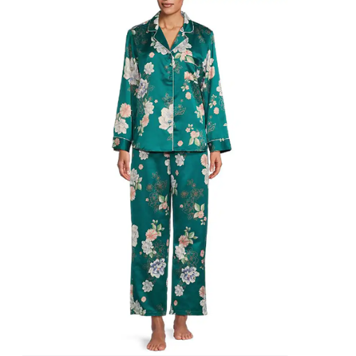 Picture of Miss Elaine Floral Printed Brushed Back Satin Pajama Set, Peach Floral Jade