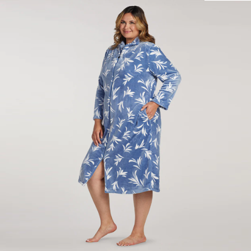 Picture of Miss Elaine Fleece Long Robe, Ivory Leaves On Blue