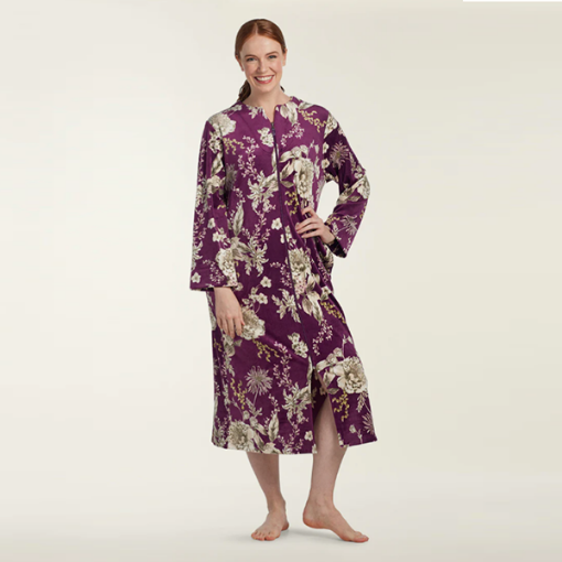 Picture of Miss Elaine Fleece Long Robe, Taupe Floral on Aubergine
