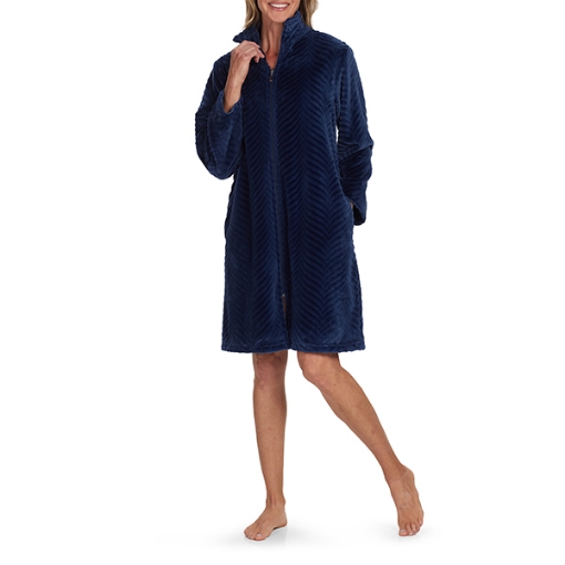 Picture of Miss Elaine French Fleece Short Robe With Zip, Midnight Blue