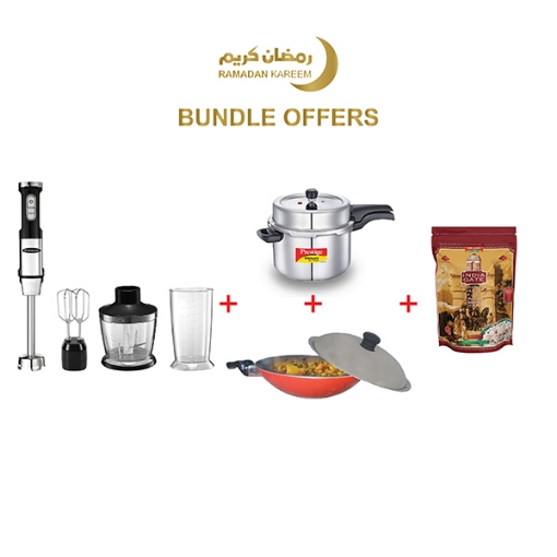 Picture of Paragon Hand Mixer + Prestige Alpha Cooker + Kadai + India Gate Basmati Rice