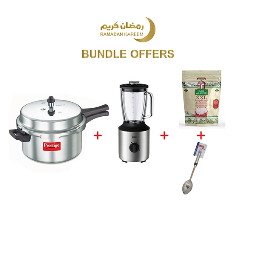 Picture of Braun Jug Blender + Prestige Pressure Cooker + Eco Solid Spoon + India Gate Basmati Rice