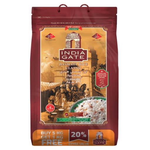 Picture of India Gate – Basmati Rice – Classic Supreme – Poly 5 Kg + 1 Kg Free